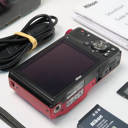 Nikona Coolpix S9100 12.1MP 18x Digital Camera Red, Case, SD Card – Very Good