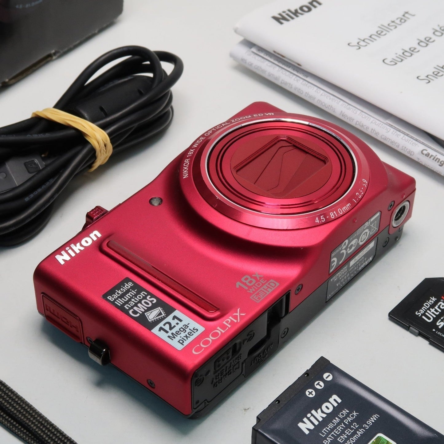 Nikona Coolpix S9100 12.1MP 18x Digital Camera Red, Case, SD Card – Very Good