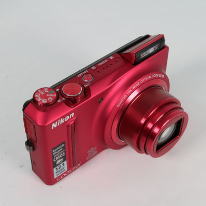 Nikona Coolpix S9100 12.1MP 18x Digital Camera Red, Case, SD Card – Very Good