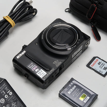 Nikona Coolpix S9100 12.1MP 18x Digital Camera Black – Very Good Condition