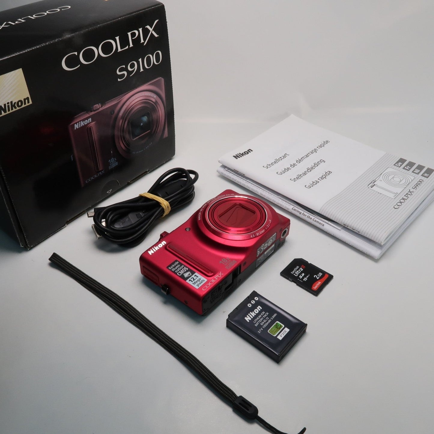 Nikona Coolpix S9100 12.1MP 18x Digital Camera Red, Case, SD Card – Very Good