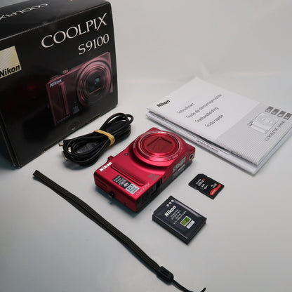 Nikona Coolpix S9100 12.1MP 18x Digital Camera Red, Case, SD Card – Very Good