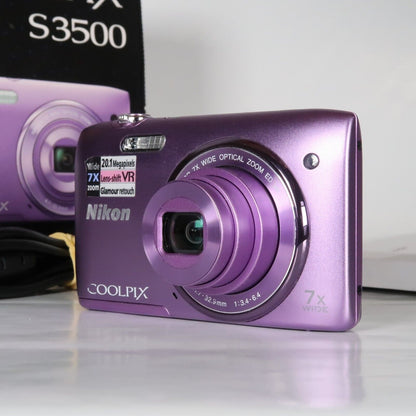 Nikona CoolPix S3500 20.1MP Digital Camera Purple – Mint Condition, Original Packaging
