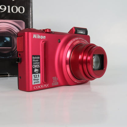 Nikona Coolpix S9100 12.1MP 18x Digital Camera Red, Case, SD Card – Very Good